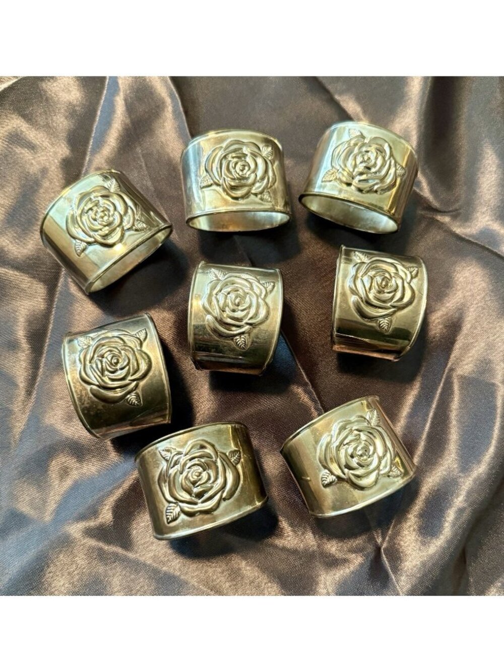 Set Of 8 Vintage Strachan Silver Plated ROSE BUD Napkin Rings Holder 1960’s MCM